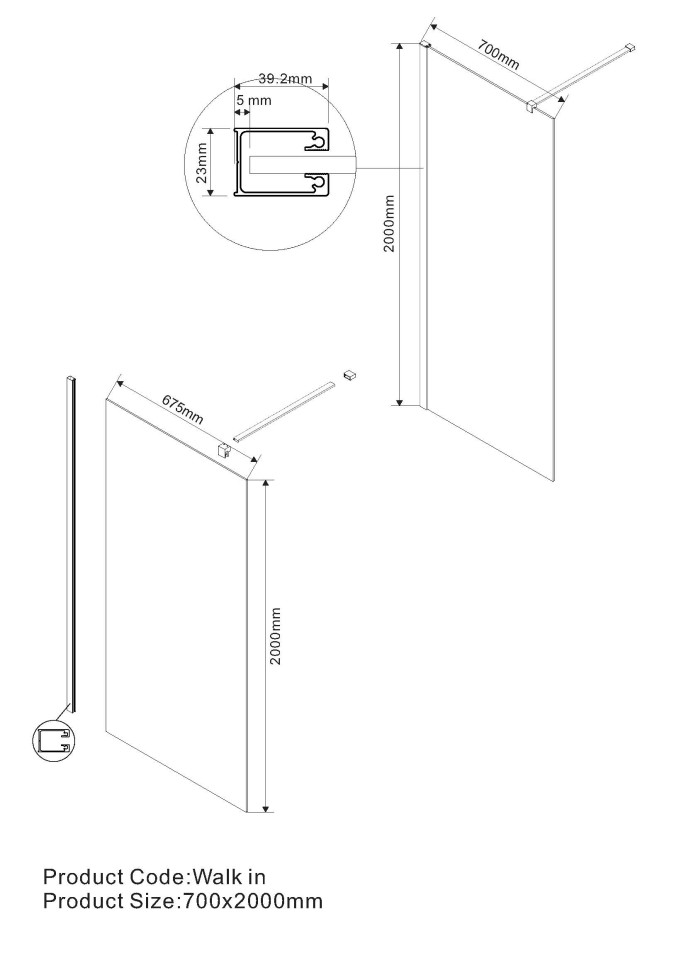 Душевая перегородка Walk-In VSW-1H700CL, 700*2000, хром, стекло прозрачное