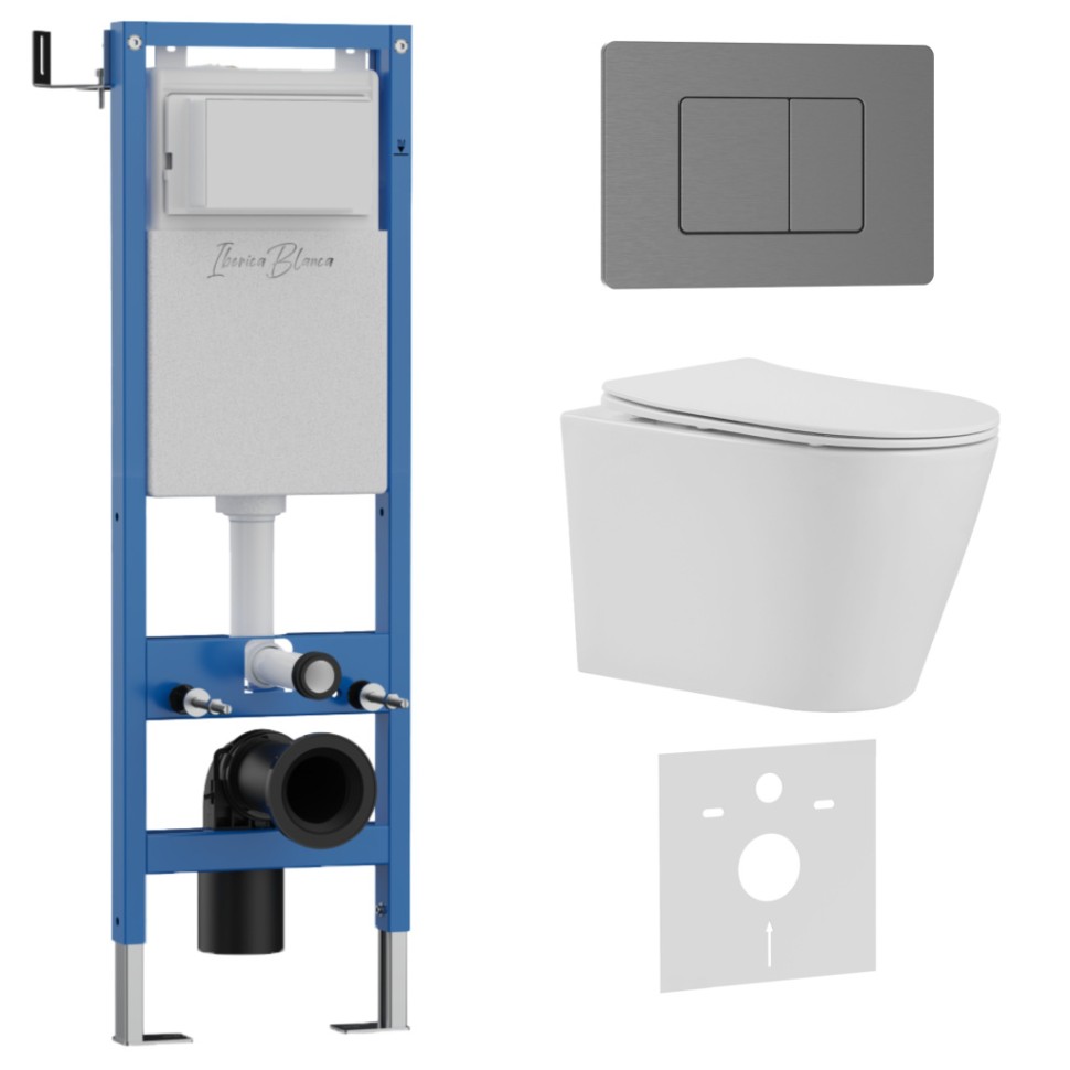 Комплект 3в1 IBERICA BLANCA инсталляция SILENCIO MINI, унитаз BURGOS ALTO белый, кнопка смыва INOX-C вороненая сталь (IB.001M.BRA.234.1180)