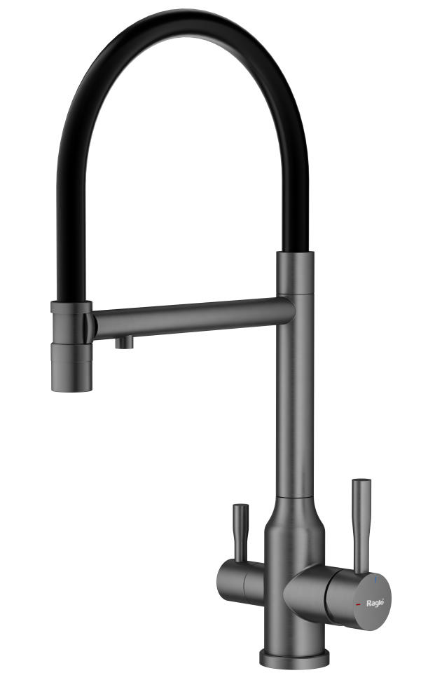 Смеситель Raglo для кухни со съемным гибким изливом, с магнитным фиксатором излива, с подключением фильтра питьевой воды R81.63.09 Графит