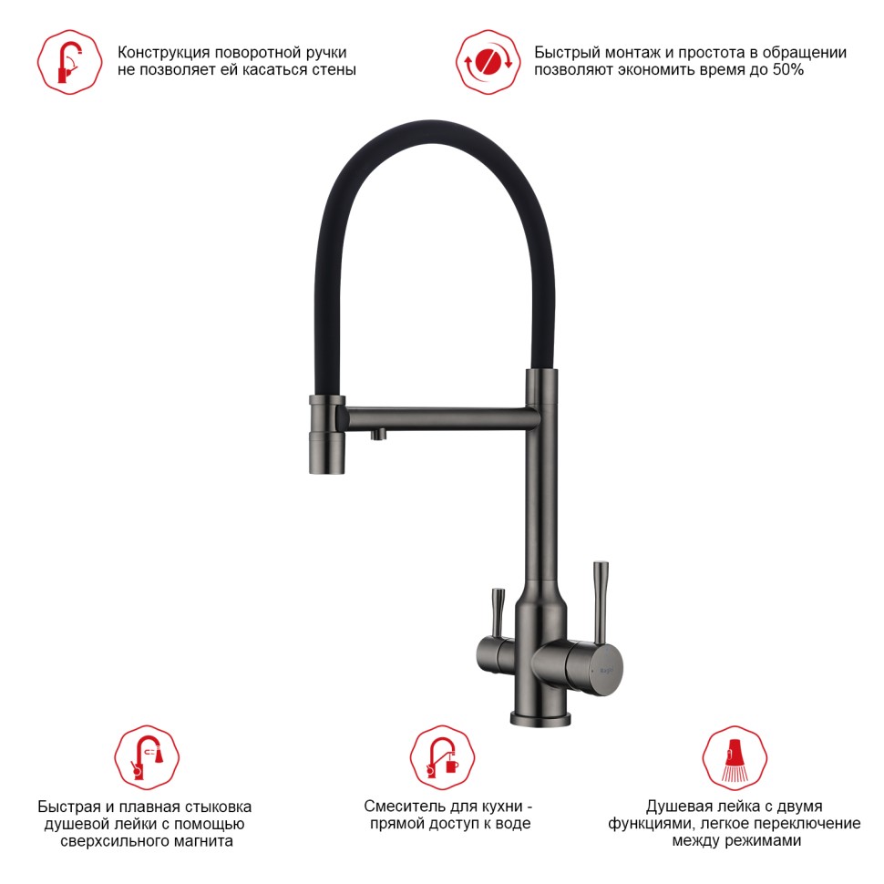 Смеситель Raglo для кухни со съемным гибким изливом, с магнитным фиксатором излива, с подключением фильтра питьевой воды R81.63.09 Графит