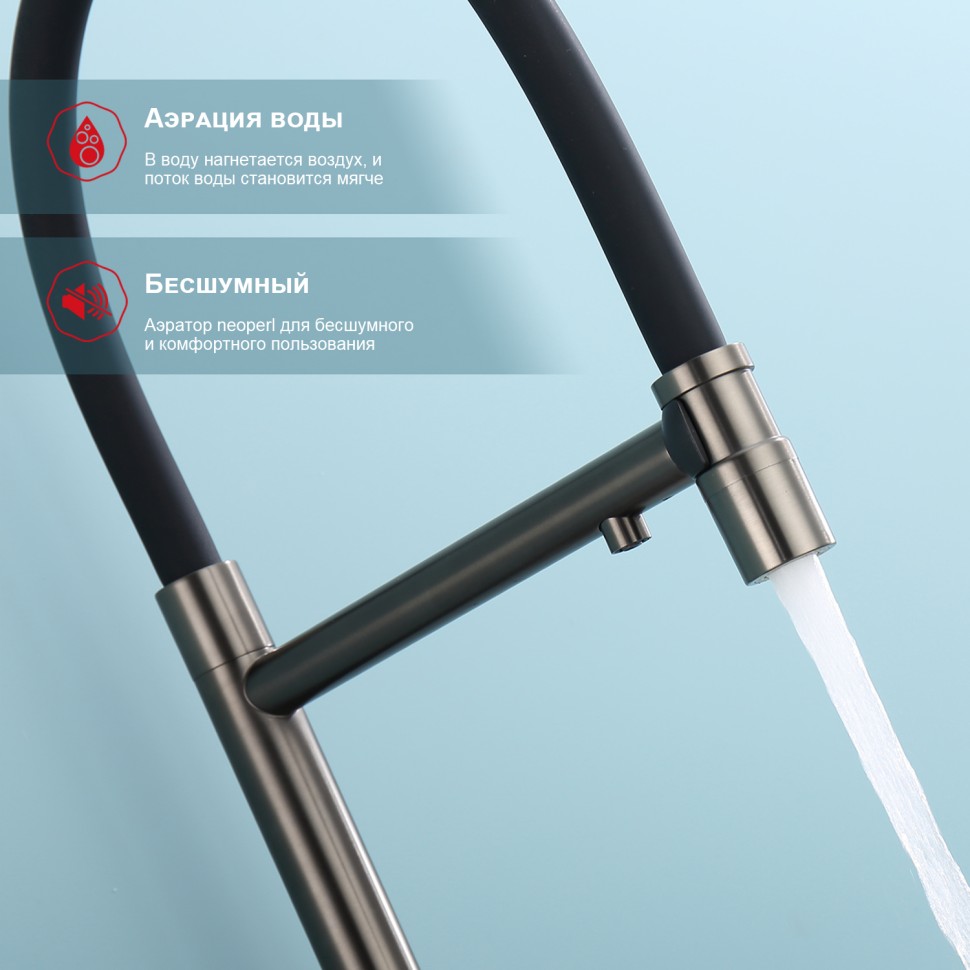 Смеситель Raglo для кухни со съемным гибким изливом, с магнитным фиксатором излива, с подключением фильтра питьевой воды R81.63.09 Графит