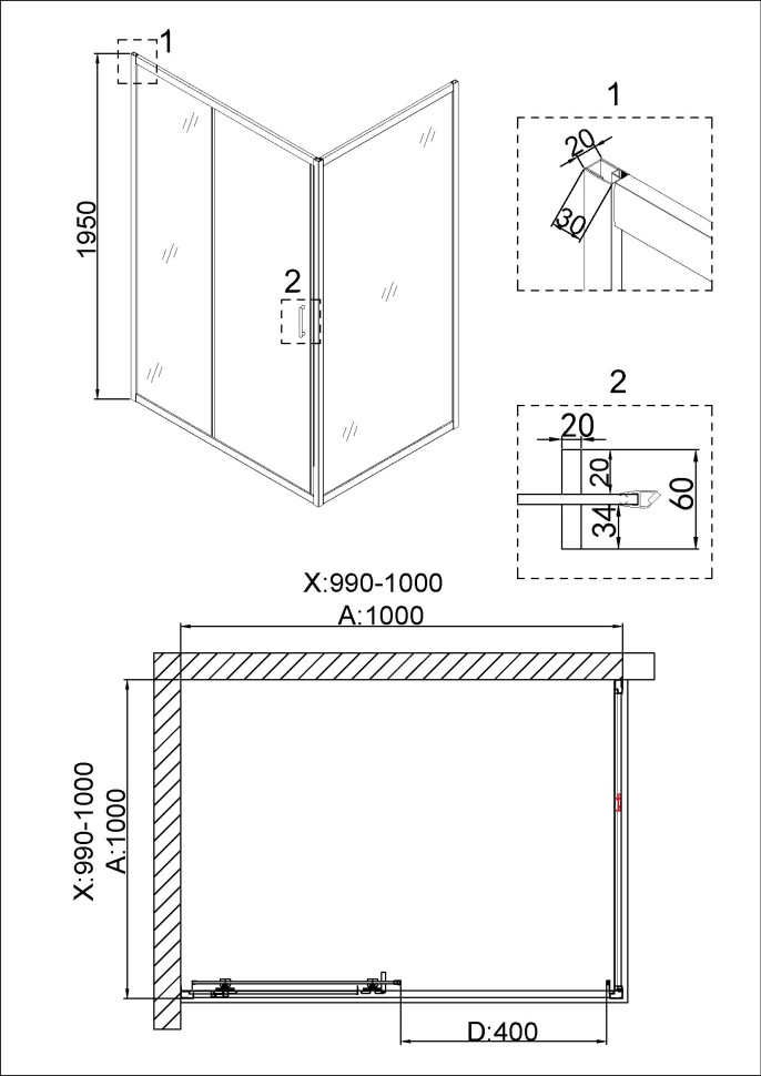 Душевое ограждение Niagara Nova NG-42-10AG-A100G (100х100х195) квадрат,золото,двери раздвижные,стекло прозрачное,2 места