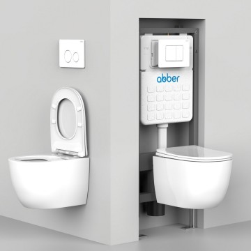Комплект подвесной унитаз ABBER Bequem AC1100T белый с инсталляцией AC0105 и кнопкой AC0121NG никель
