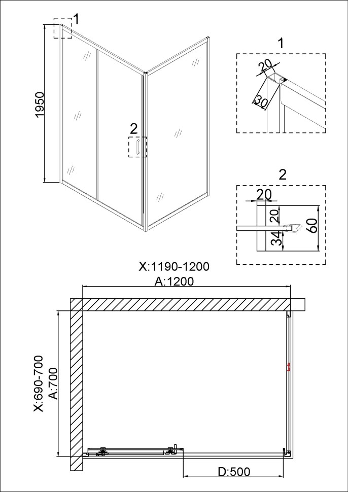Душевое ограждение Niagara Nova NG-42-12AG-A70G (120х70х195) прямоугольник,золото,двери раздвижные,стекло прозрачное,2 места