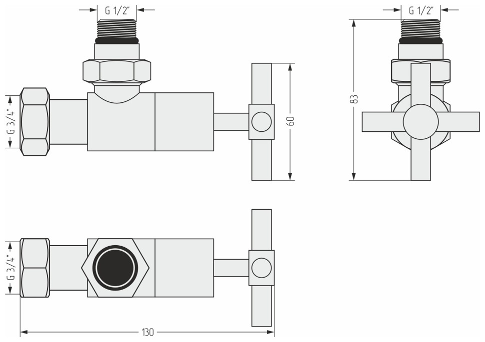 Вентиль угловой крест (G 1/2" НР х G 3/4" НГ)