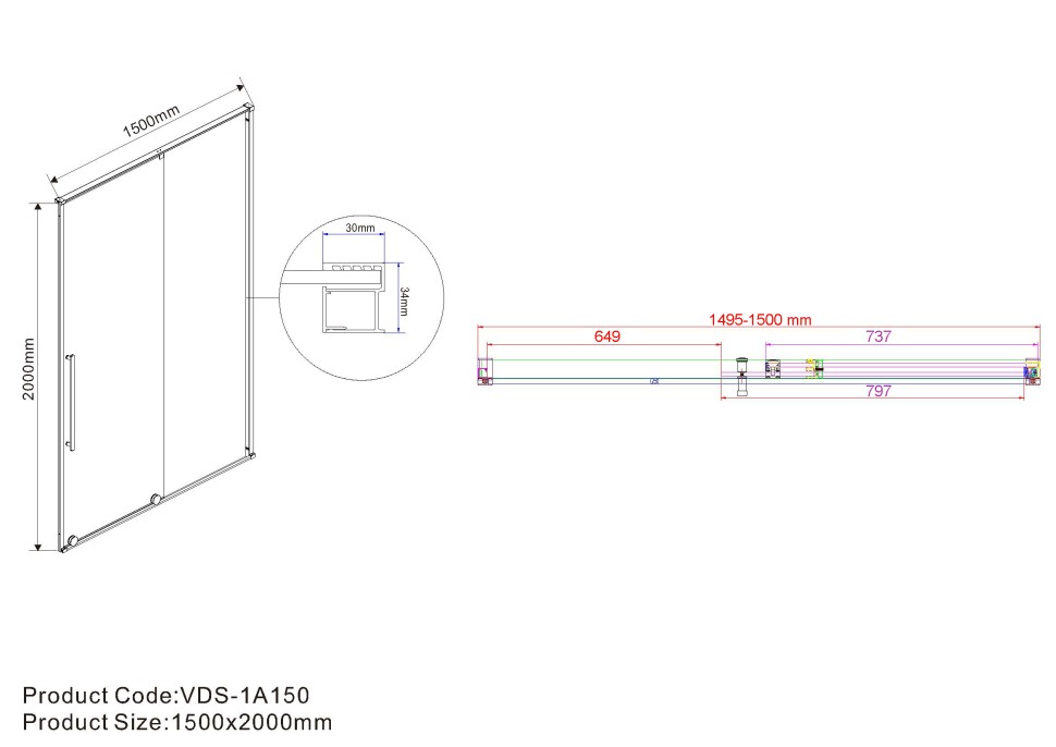 Душевая дверь Arno VPS-1A150CL, 1500, хром, стекло прозрачное