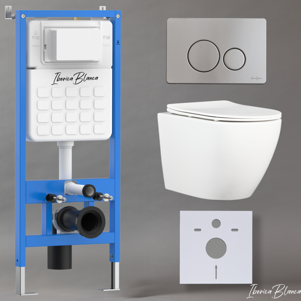 Комплект 3в1 IBERICA BLANCA инсталляция SILENCIO, унитаз BILBAO ALTO белый, кнопка смыва INOX-O хром матовый (IB001.BLA.231.8132)