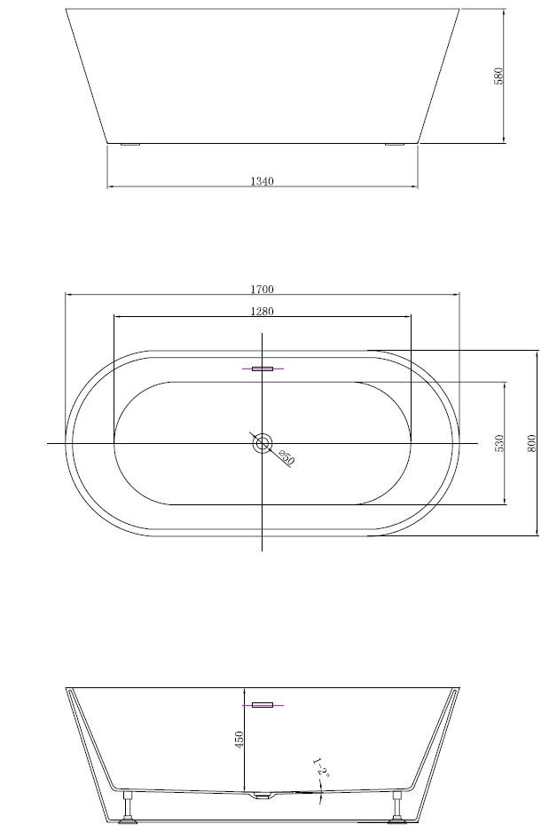 Ванна акриловая Vincea VBT-4291-1700, 1700*800*580, цвет белый, щелевой перелив