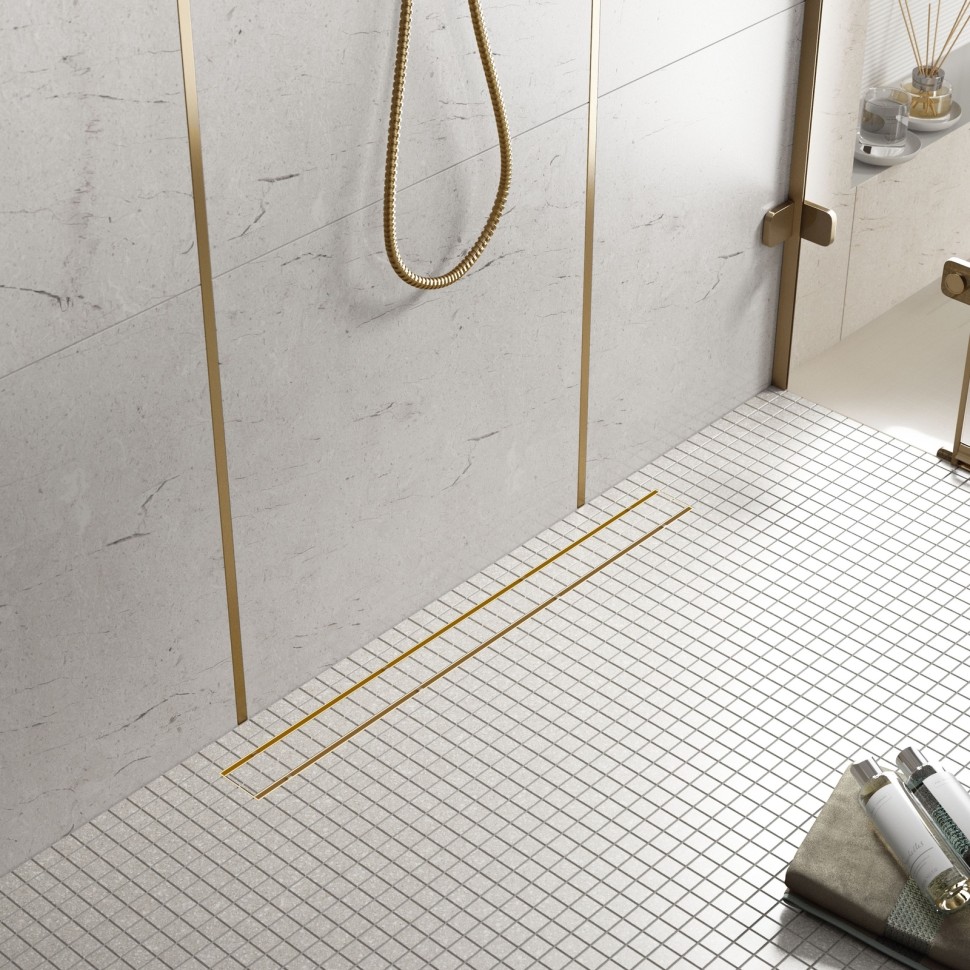 Душевой лоток TIMO Drain System 1000 с двусторонней панелью "plate" под плитку, Золото матовое