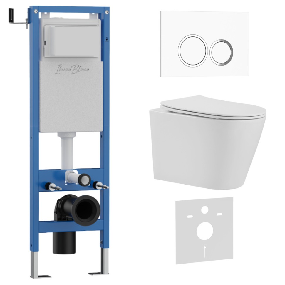 Комплект 3в1 IBERICA BLANCA инсталляция SILENCIO MINI, унитаз BURGOS ALTO белый, кнопка смыва ESTI-O белый глянцевый (IB.001M.BRA.231.821)