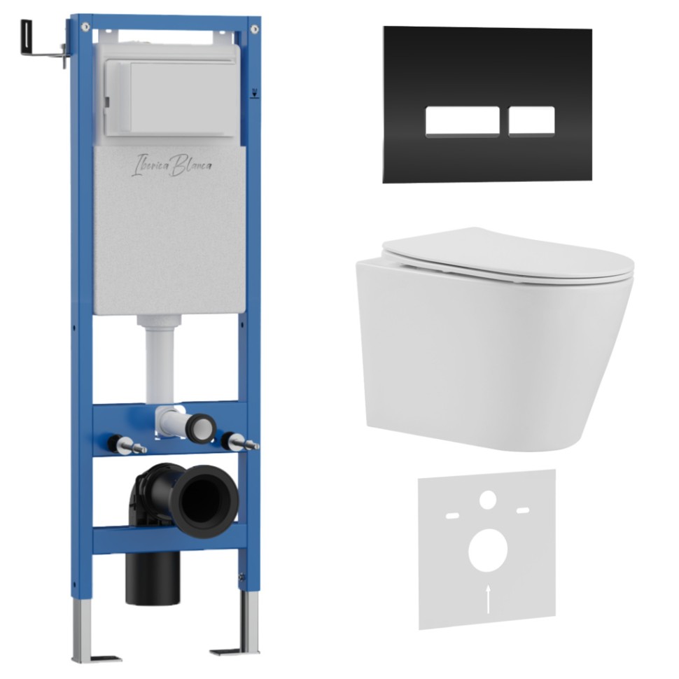 Комплект 3в1 IBERICA BLANCA инсталляция SILENCIO MINI, унитаз BURGOS ALTO белый, кнопка смыва CRYSTAL-R черный глянцевый (IB.001M.BRA.234.2211)
