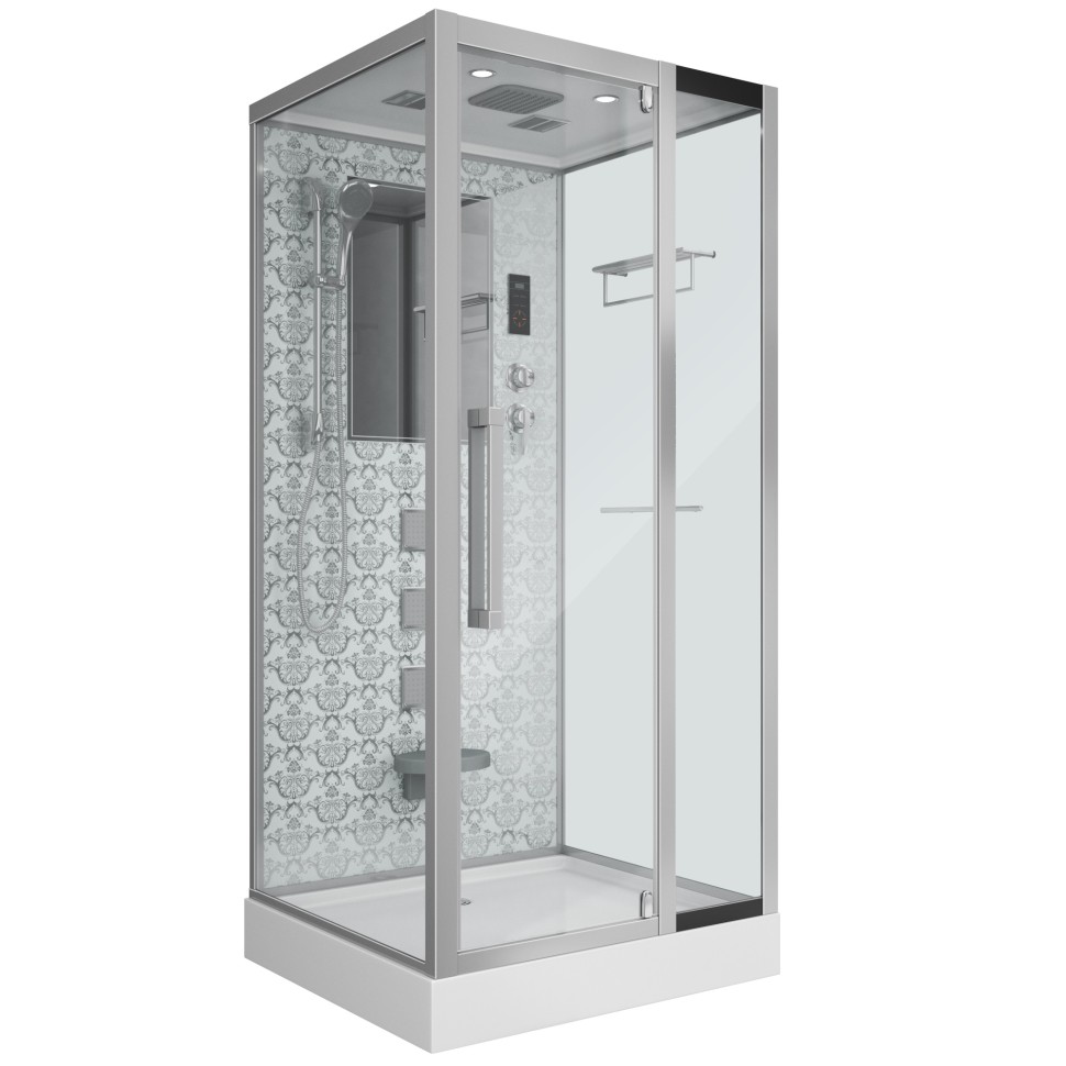 Душевая кабина Niagara Luxe NG-7714W (100x90х215) низкий поддон(15см),дверь распашная,стенки серебро,5 мест