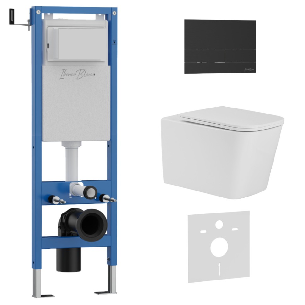 Комплект 3в1 IBERICA BLANCA инсталляция SILENCIO MINI, унитаз TOLEDO ALTO белый, кнопка смыва INOX-S черный матовый (IB.001M.TLA.231.1604)