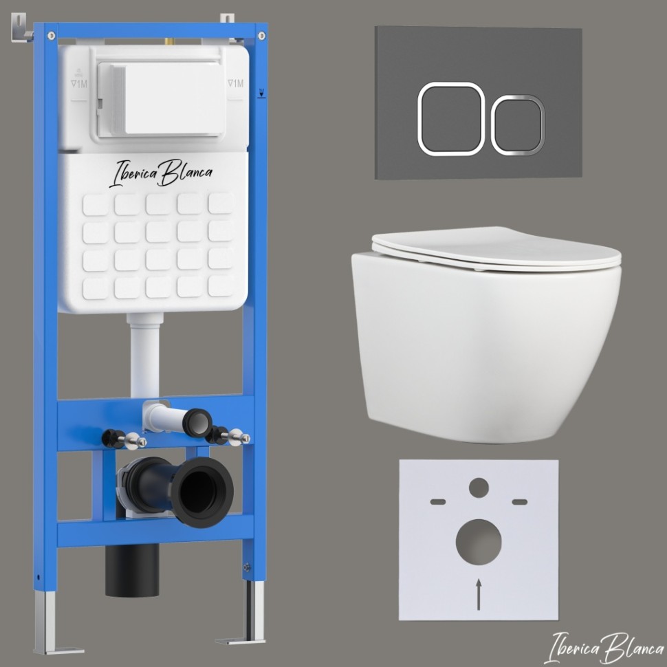 Комплект 3в1 IBERICA BLANCA инсталляция SILENCIO, унитаз BILBAO ALTO белый, кнопка смыва ESTI-Q серый матовый (IB001.BLA.231.837)