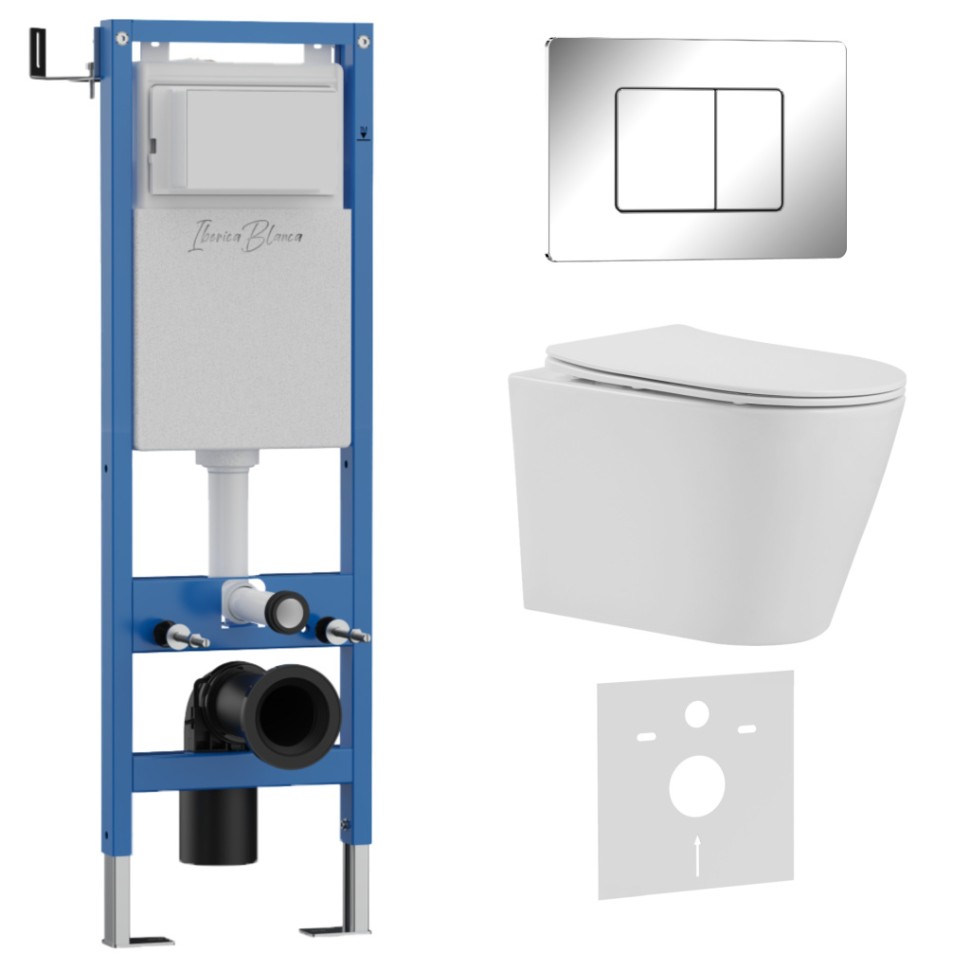 Комплект 3в1 IBERICA BLANCA инсталляция SILENCIO MINI, унитаз BURGOS ALTO белый, кнопка смыва INOX-C хром глянцевый (IB.001M.BRA.231.1131)
