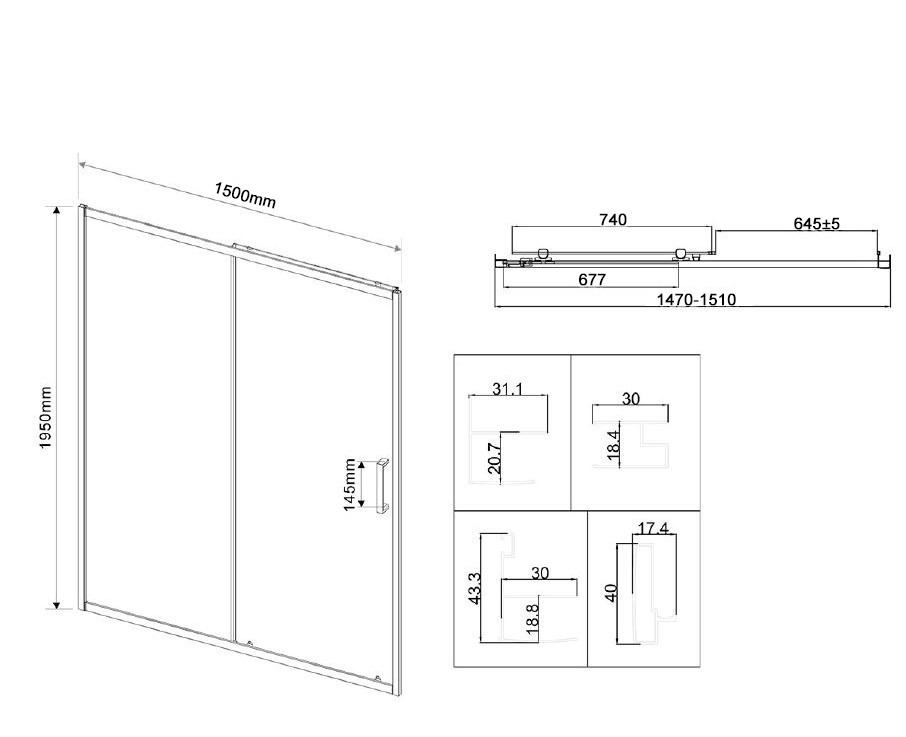 Душевая дверь City VDS-5CT150CLGM, 1500, вороненая сталь, стекло прозрачное
