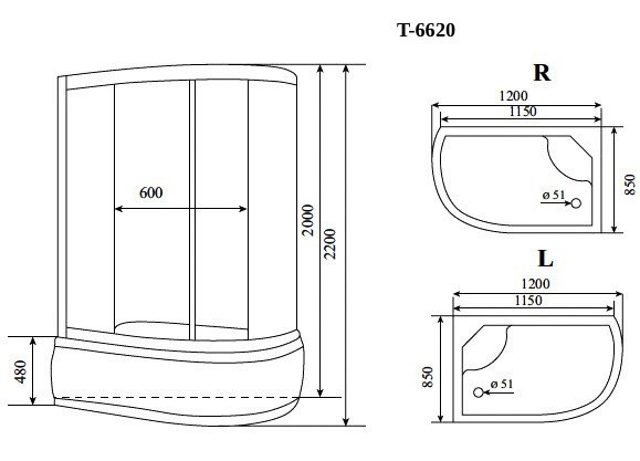 Timo Standart T-6620 Black Fabric R душевая кабина (120*85*220), шт