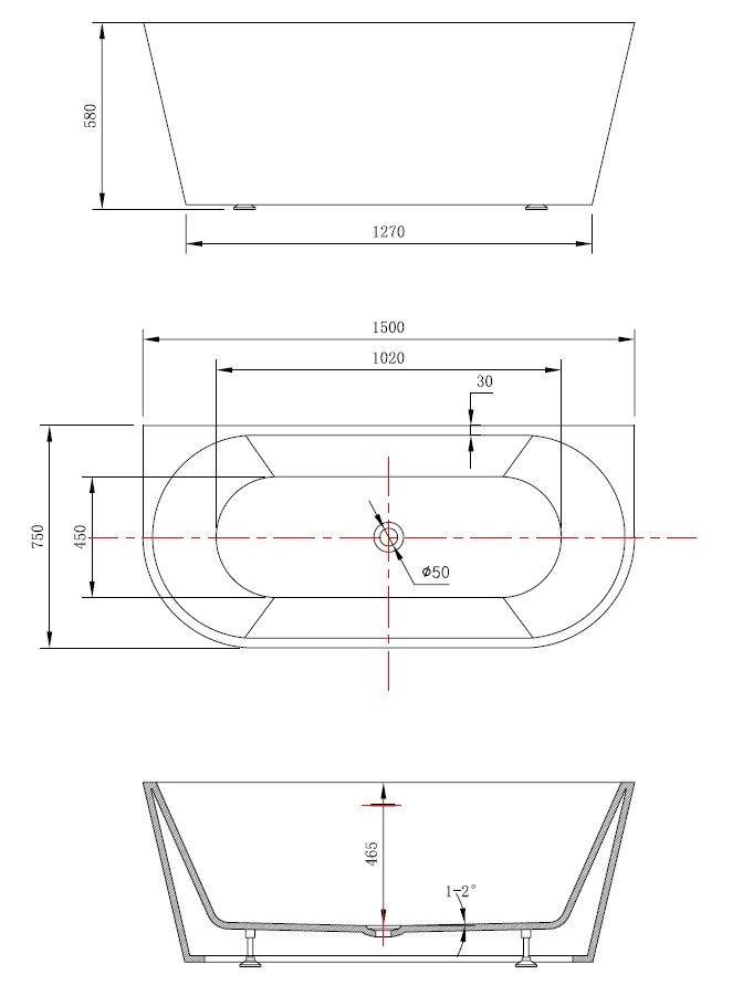 Ванна акриловая Vincea VBT-421-1500, 1500*750*580, цвет белый, щелевой перелив