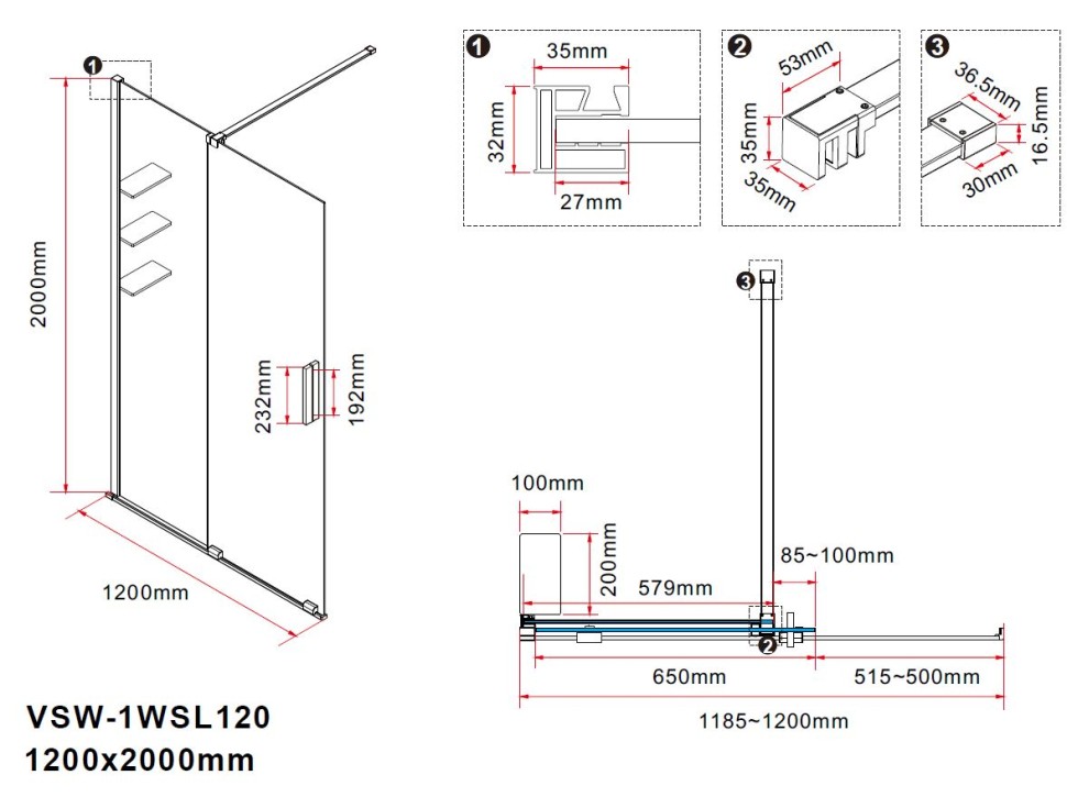 Душевая перегородка Walk-In VSW-1WSL120CGB, 1200*2000, черный матовый, стекло тонированное