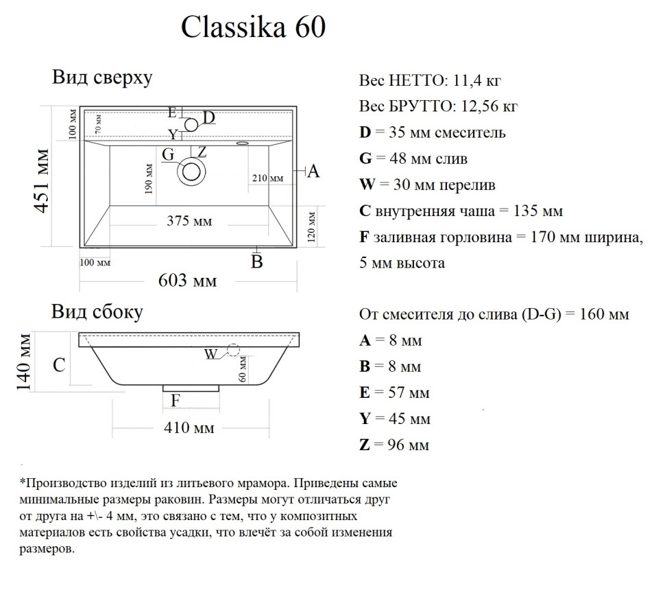 4627173210164 Раковина мебельная Classica 60
