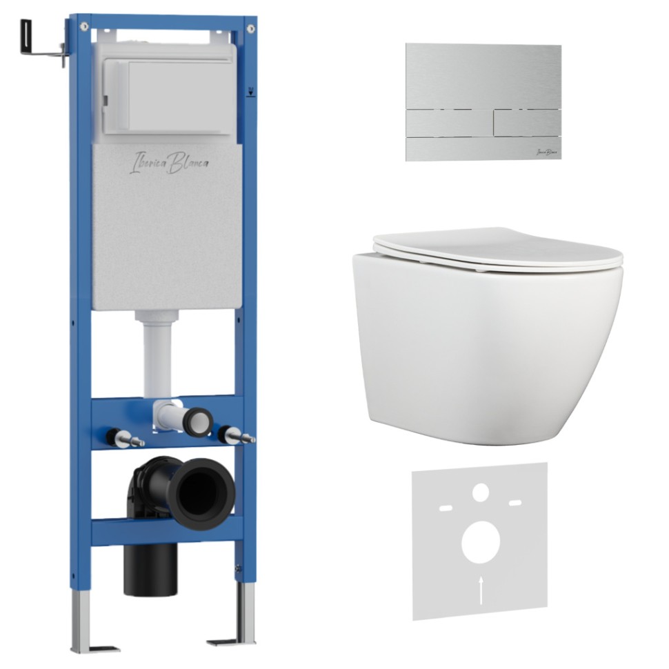 Комплект 3в1 IBERICA BLANCA инсталляция SILENCIO MINI, унитаз BILBAO ALTO белый, кнопка смыва INOX-S хром матовый (IB.001M.BLA.231.1601)