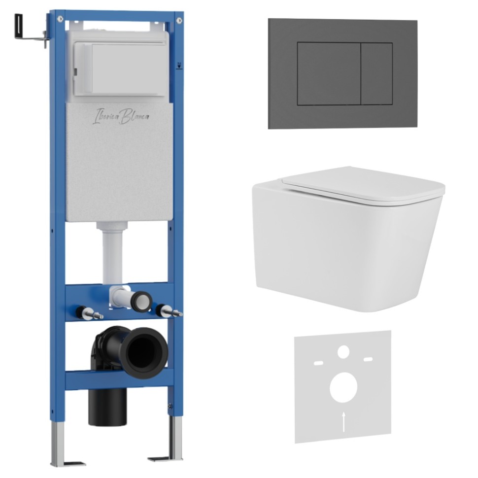 Комплект 3в1 IBERICA BLANCA инсталляция SILENCIO MINI, унитаз TOLEDO ALTO белый, кнопка смыва ESTI-S серый матовый (IB.001M.TLA.234.856)