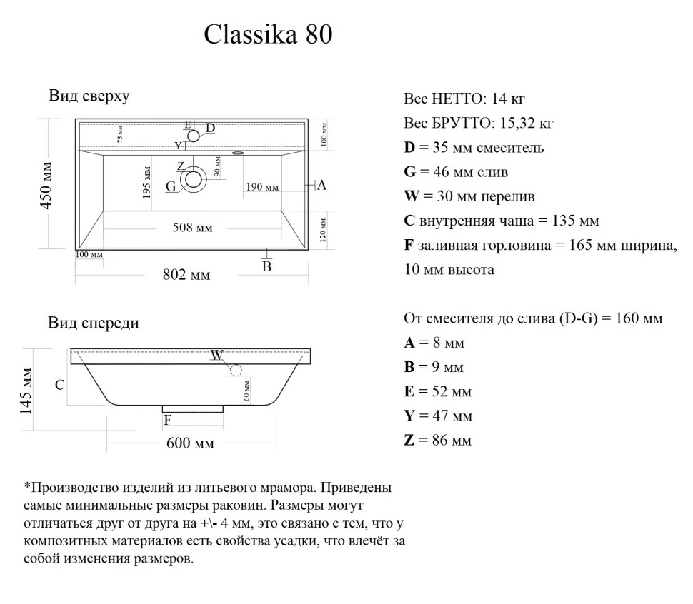 4627173210188 Раковина мебельная Classica 80