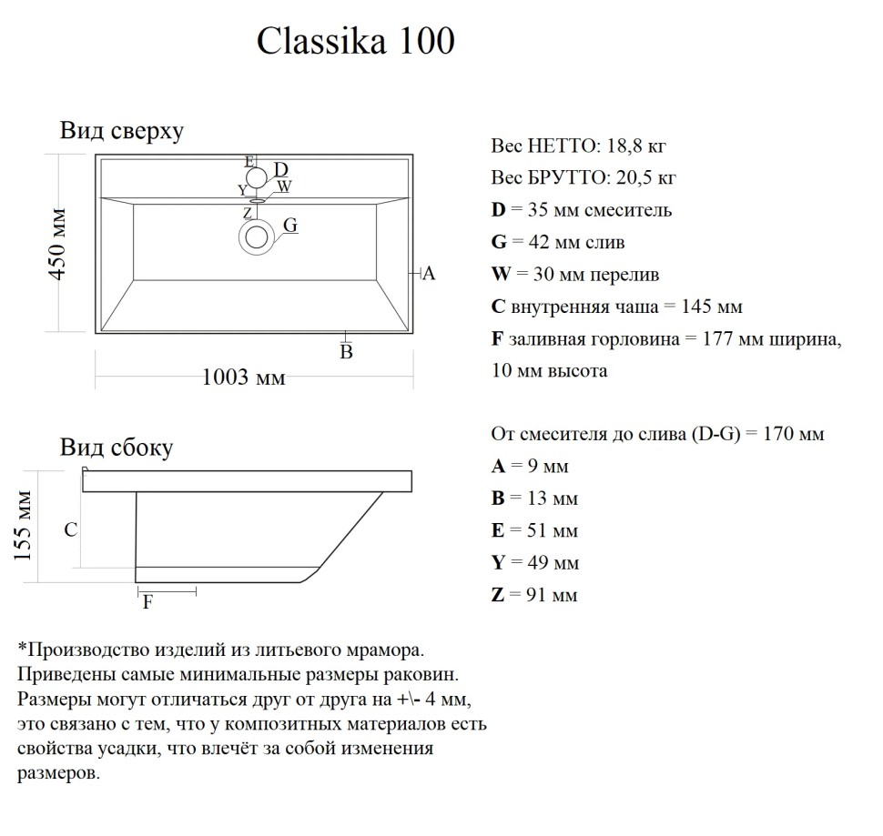 4627173210201 Раковина мебельная Classica 100