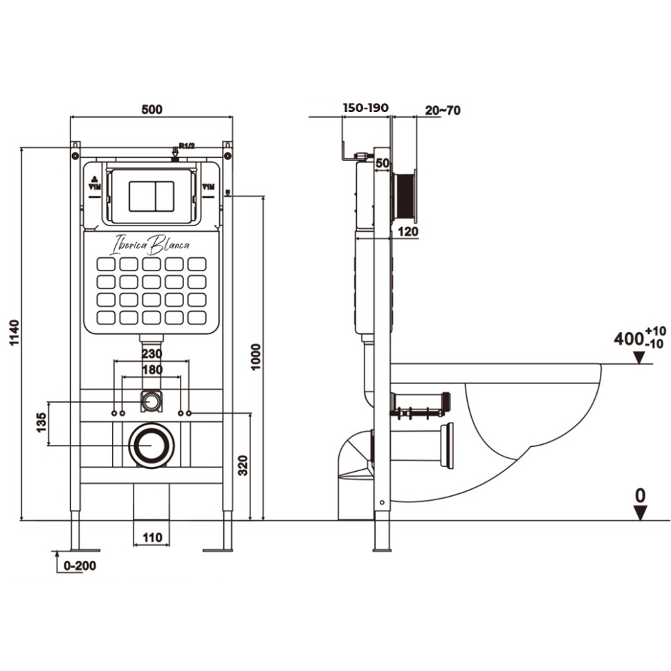 Комплект 3в1 IBERICA BLANCA инсталляция SILENCIO, унитаз BILBAO ALTO белый, кнопка смыва INOX-О вороненая сталь (IB001.BLA.231.8180)