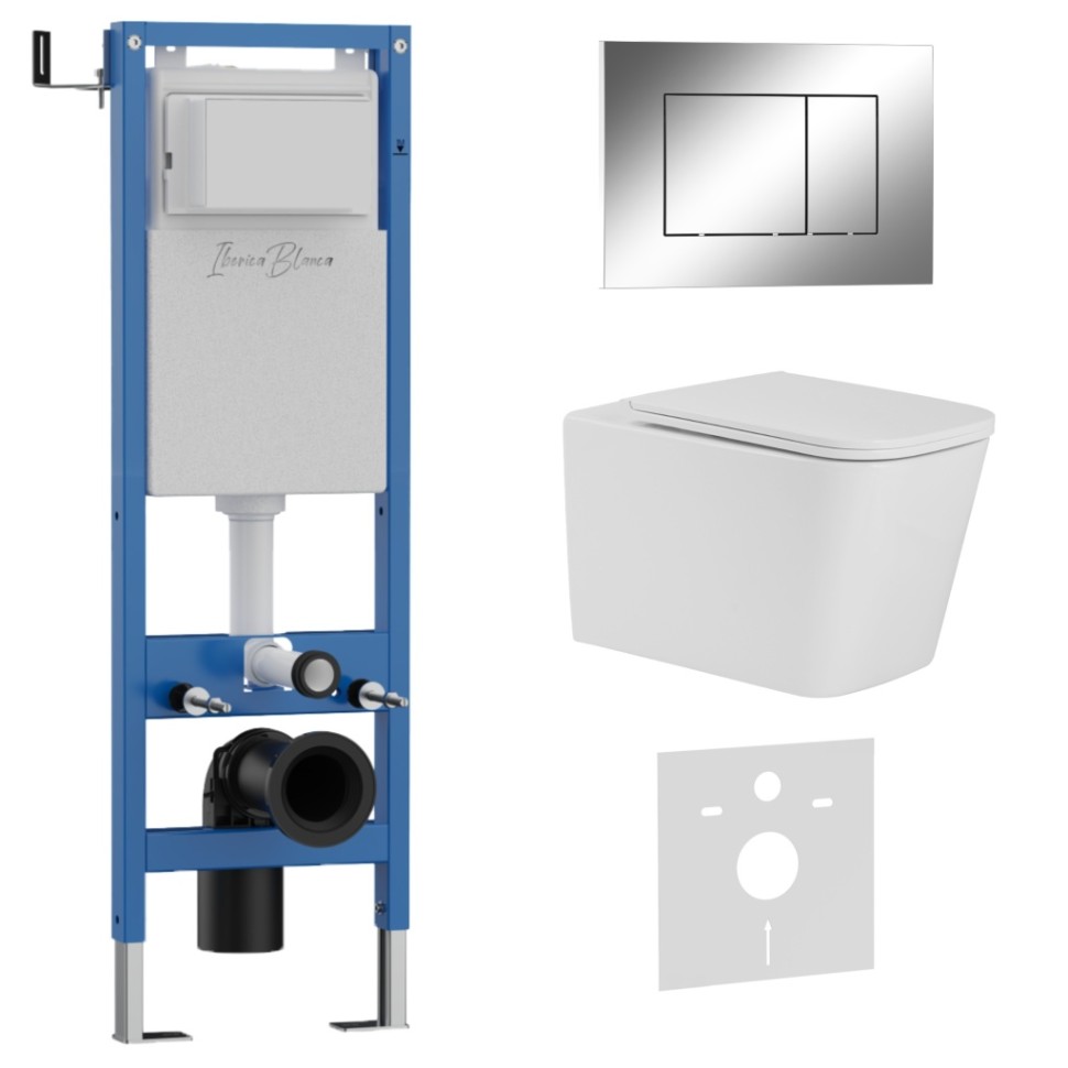 Комплект 3в1 IBERICA BLANCA инсталляция SILENCIO MINI, унитаз TOLEDO ALTO белый, кнопка смыва ESTI-S хром глянцевый (IB.001M.TLA.231.852)