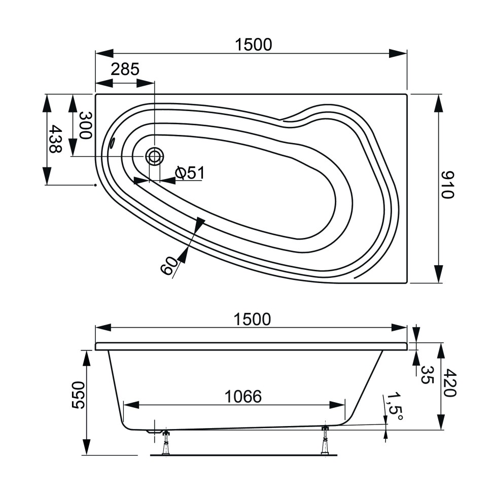 Акриловая ванна VAGNERPLAST AVONA 150x90 left