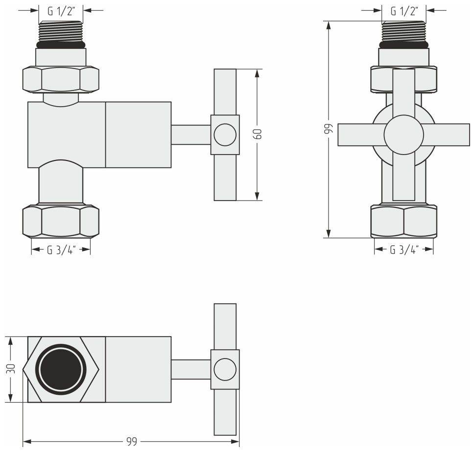 Вентиль прямой крест (G 1/2" НР х G 3/4" НГ)