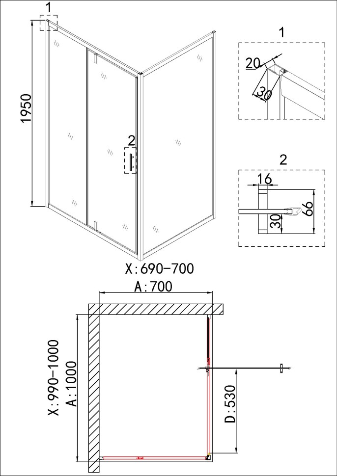 Душевое ограждение Niagara Nova NG-43-10AG-A70G (100х70х195) прямоугольник,золото,двери распашные,стекло прозрачное,2 места