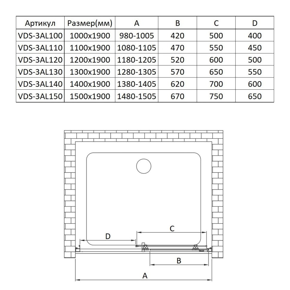 Душевая дверь Alpha VDS-3AL140CLGM, 1400, вороненая сталь, стекло прозрачное