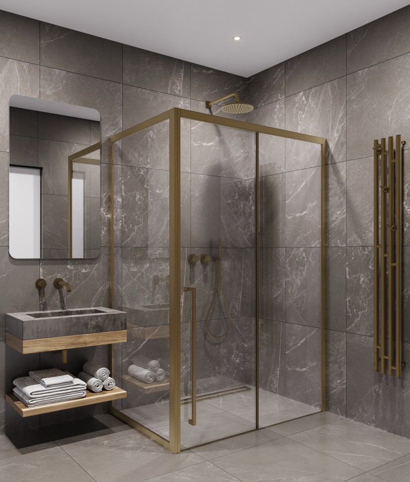 Timo Душевая дверь TDSS-140/17C-8L, раздвиж 1400*2000, проф матовое золото + торцевое стекло TSS-900/17C-8 900*2000, проф матовое золото