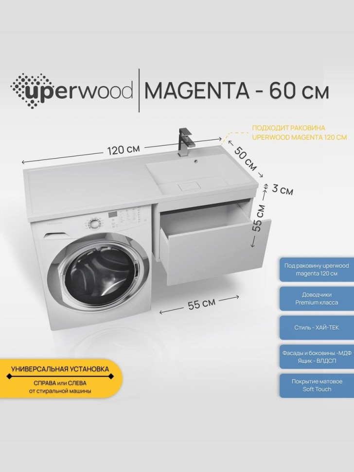 Тумба под стиральную машину подвесная Uperwood Magenta 55х50х55 см, белая/графит, выдвижной ящик