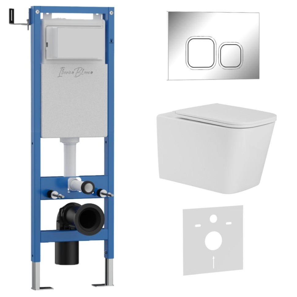 Комплект 3в1 IBERICA BLANCA инсталляция SILENCIO MINI, унитаз TOLEDO ALTO белый, кнопка смыва ESTI-Q хром глянцевый (IB.001M.TLA.234.833)