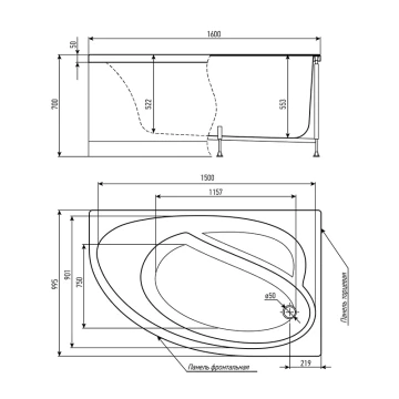 Комплект Акриловая ванна TIMO IVA1610R 160*100*70+Каркас + Слив-перелив+Гидромассаж 6 форсунок+Фронтальная панель