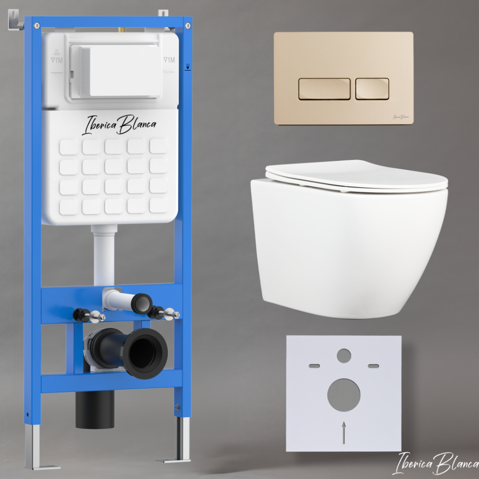 Комплект 3в1 IBERICA BLANCA инсталляция SILENCIO, унитаз BILBAO ALTO белый, кнопка смыва ESTI-R золото матовое (IB001.BLA.234.215)