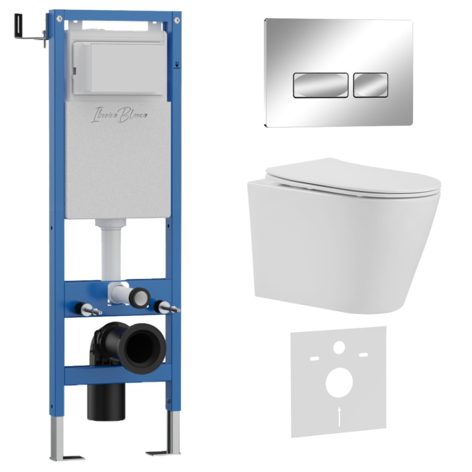 Комплект 3в1 IBERICA BLANCA инсталляция SILENCIO MINI, унитаз BURGOS ALTO белый, кнопка смыва ESTI-R хром глянцевый (IB.001M.BRA.234.213)