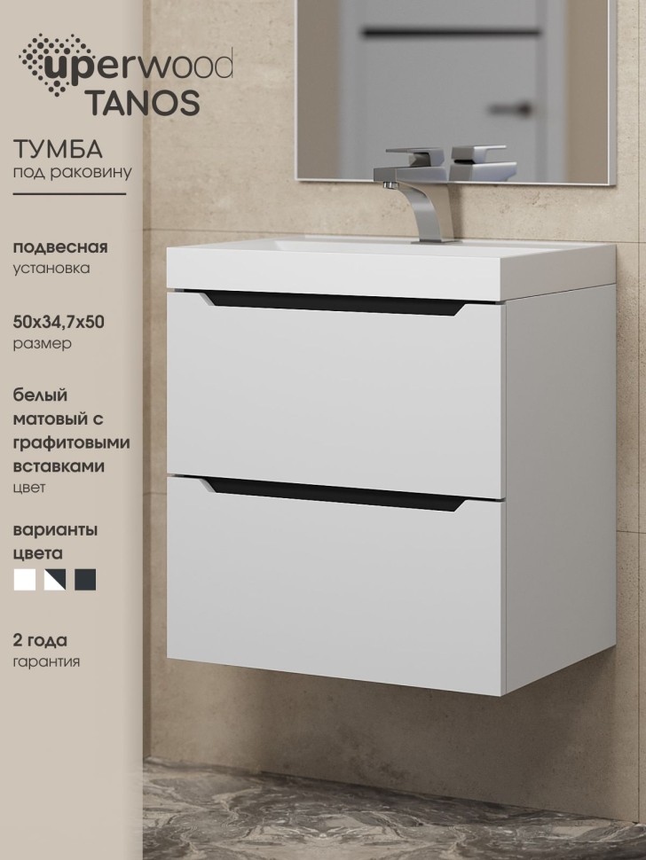 Тумба под раковину для ванной Uperwood Tanos 50 см, подвесная,  белая/графит