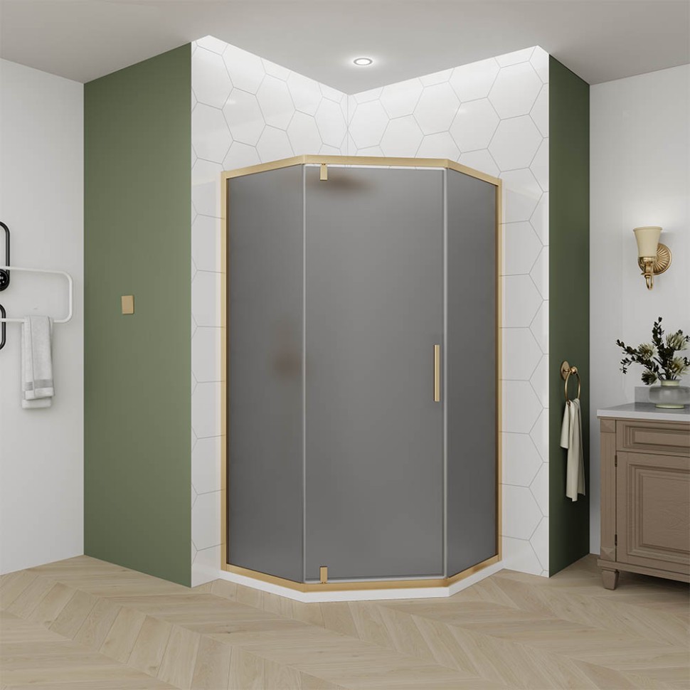 Душевой угол Veconi Ottimo P10 G, 800x800x1900, золото брашинг, стекло тонированное матовое