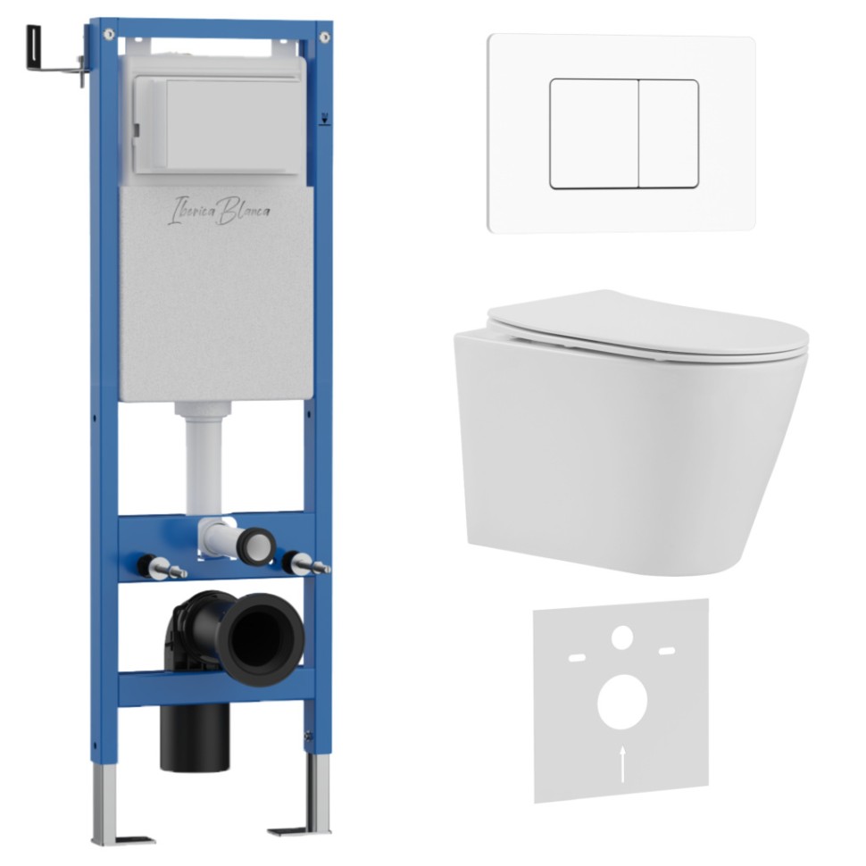Комплект 3в1 IBERICA BLANCA инсталляция SILENCIO MINI, унитаз BURGOS ALTO белый, кнопка смыва INOX-C белый матовый (IB.001M.BRA.234.111)