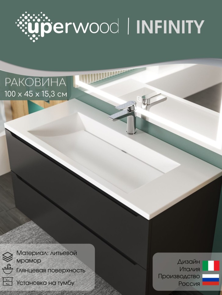 Раковина для ванной Uperwood Infinity 80 см, без отверстия для смесителя, белая глянцевая