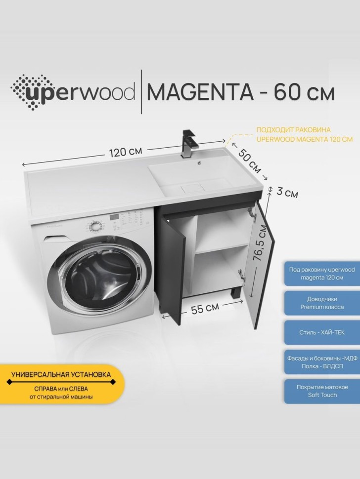 Тумба под стиральную машину напольная Uperwood Magenta 55х50х76,5 см, черная, с дверцами