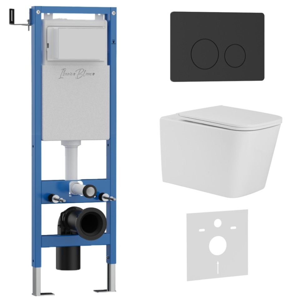 Комплект 3в1 IBERICA BLANCA инсталляция SILENCIO MINI, унитаз TOLEDO ALTO белый, кнопка смыва INOX-O черный матовый (IB.001M.TLA.234.812)