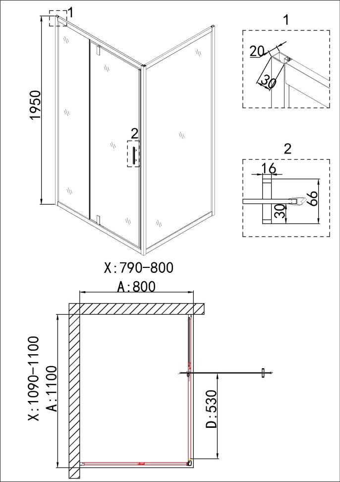 Душевое ограждение Niagara Nova NG-43-11AG-A80G (110х80х195) прямоугольник,золото,двери распашные,стекло прозрачное,2 места