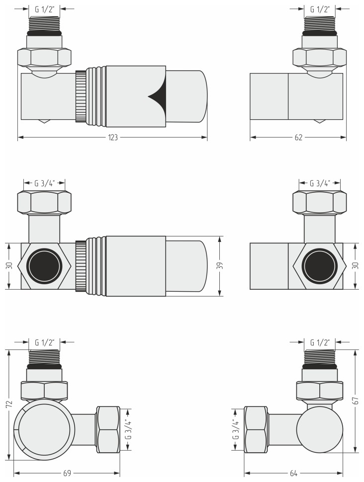Автоматический терморегулятор 3D левый (G 1/2" НР х G 3/4" НГ)