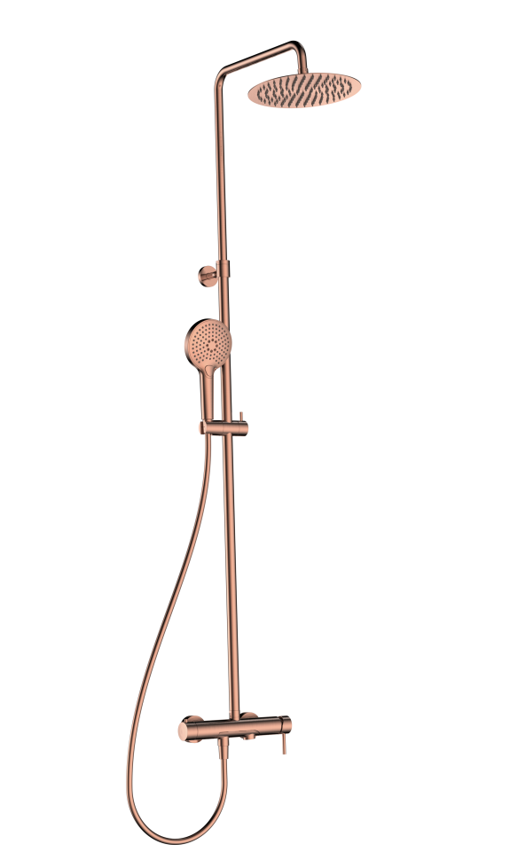 AQM8011BC Душевая система со смесителем и изливом, O250, лейка 3 реж, 1100-1500мм, медь шлифованная