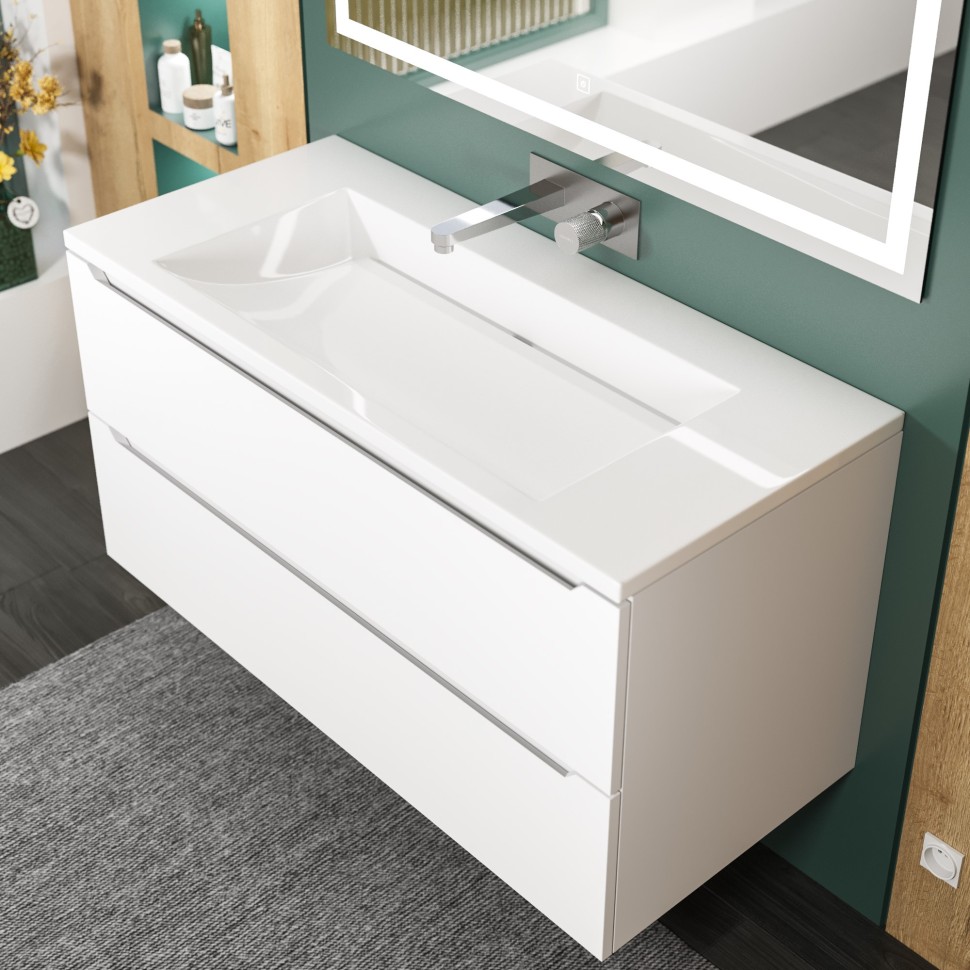 Раковина для ванной 100 см, Uperwood Infinity, без отверстия для смесителя, белая глянцевая